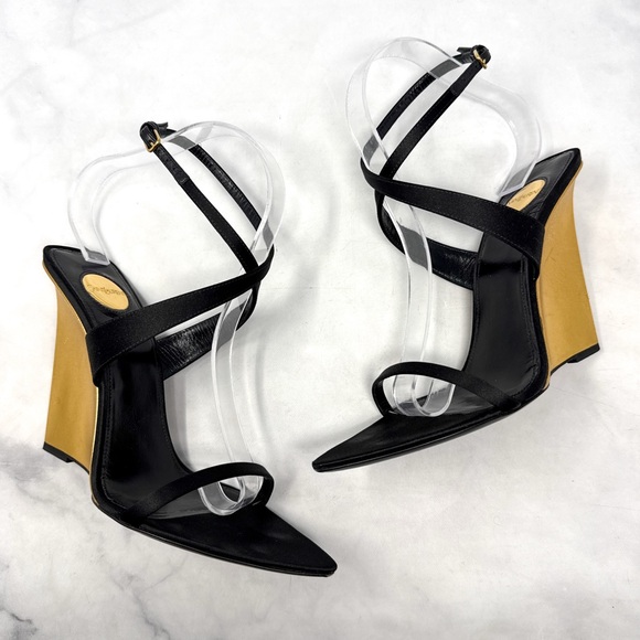 Saint Laurent Salome 110 Silk Satin Metallic Leather Wedge Sandal Heels Black - Picture 2 of 16